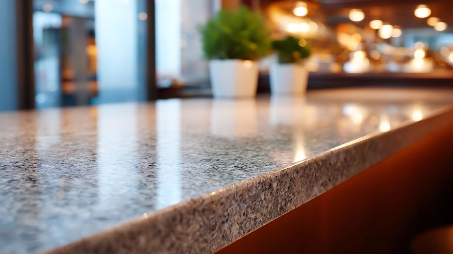 empty marble countertop in a luxury restaurant, shallow depth of field